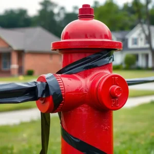 Fire hydrant marked with black tape indicating it is out of service in Florence SC neighborhood.