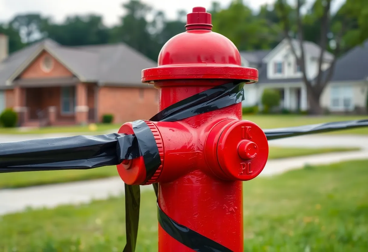 Fire hydrant marked with black tape indicating it is out of service in Florence SC neighborhood.