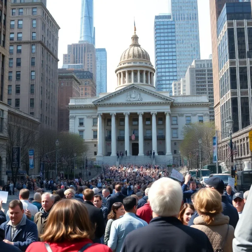 A view of New York City Hall with citizens discussing politics