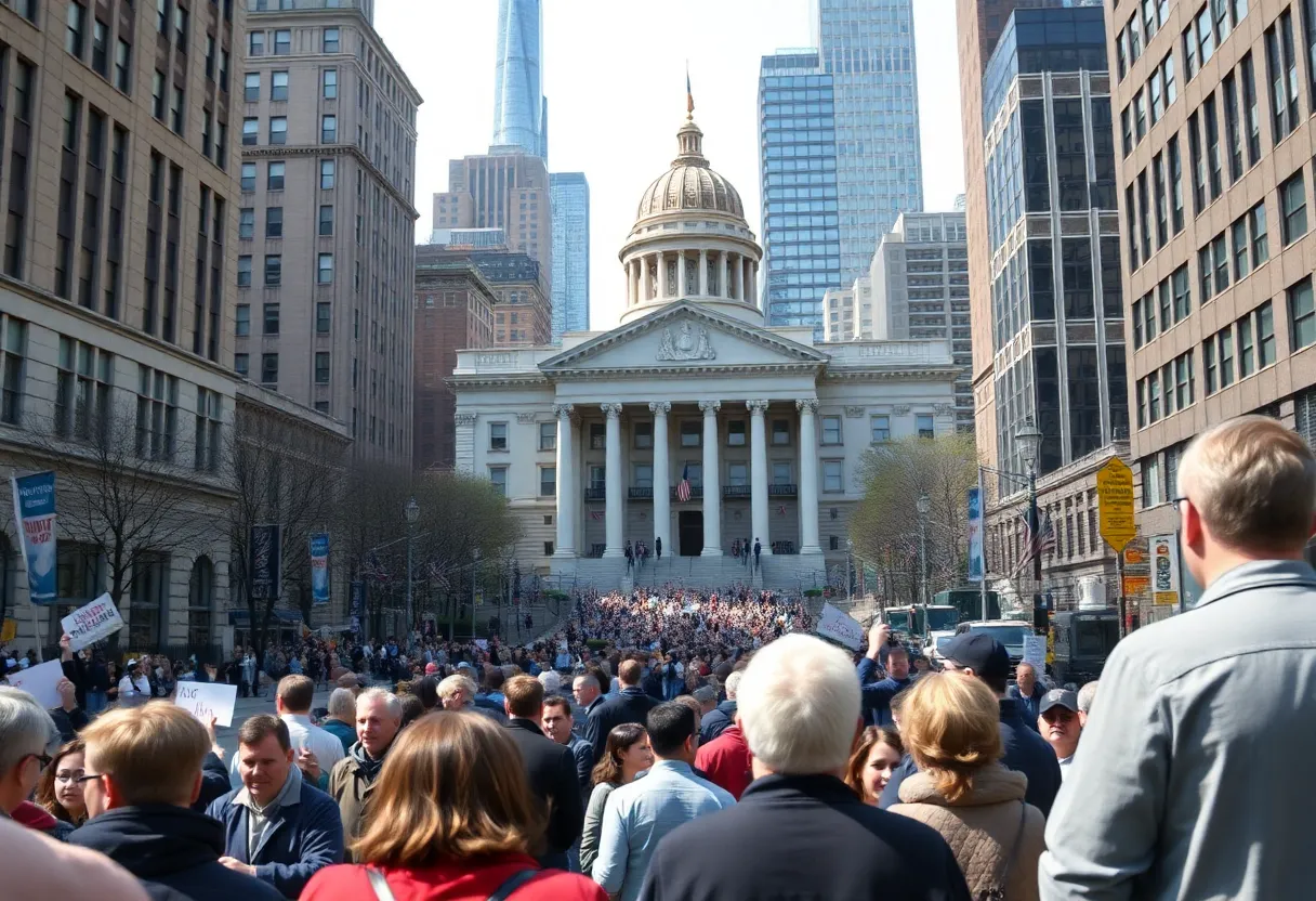 A view of New York City Hall with citizens discussing politics