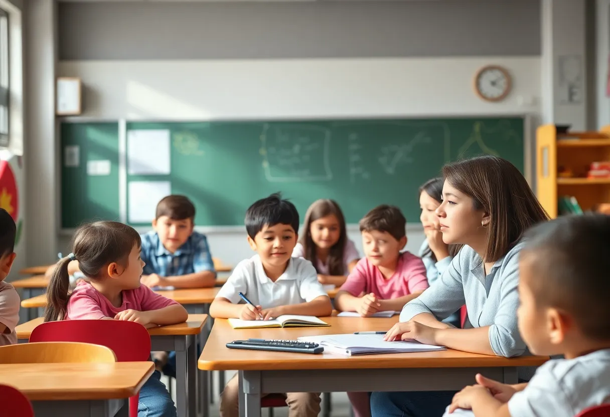 A classroom setting with students and a teacher, emphasizing safety and communication.