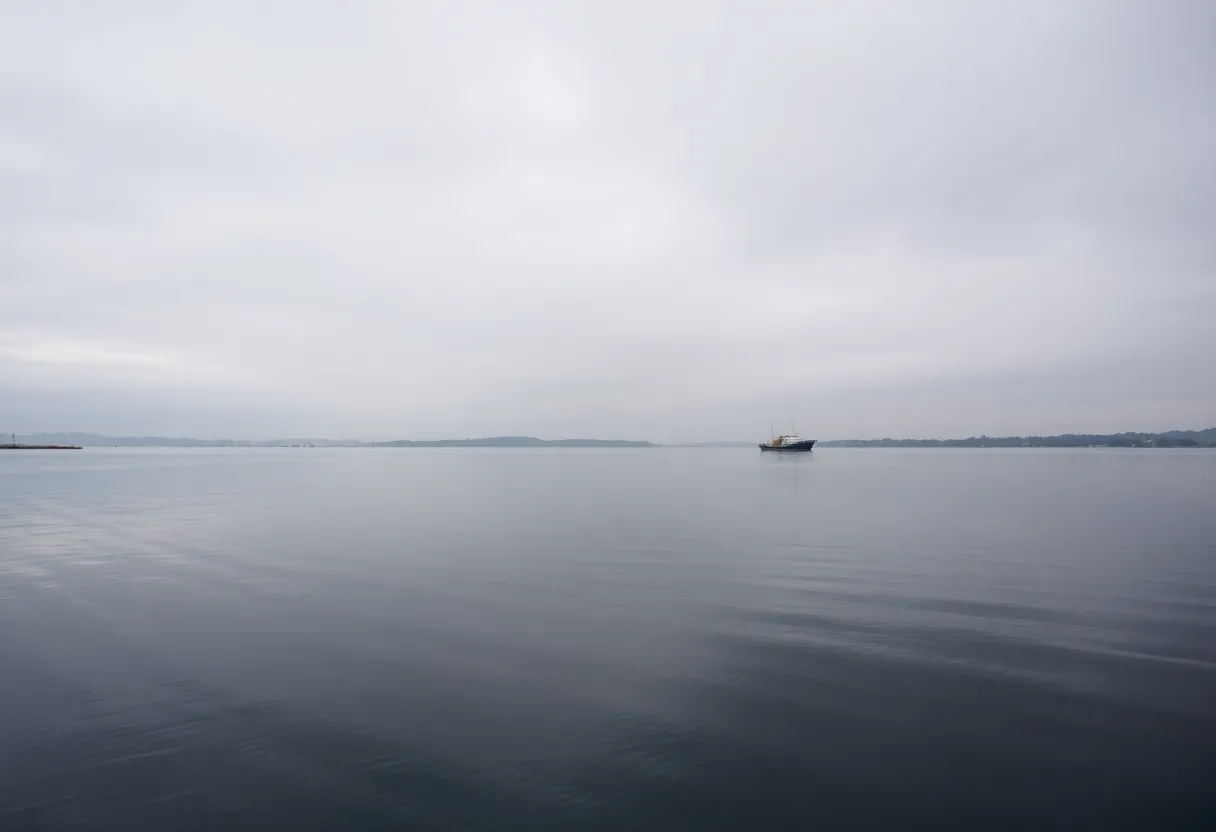 A calm waterway with a fishing boat, symbolizing loss and hope.