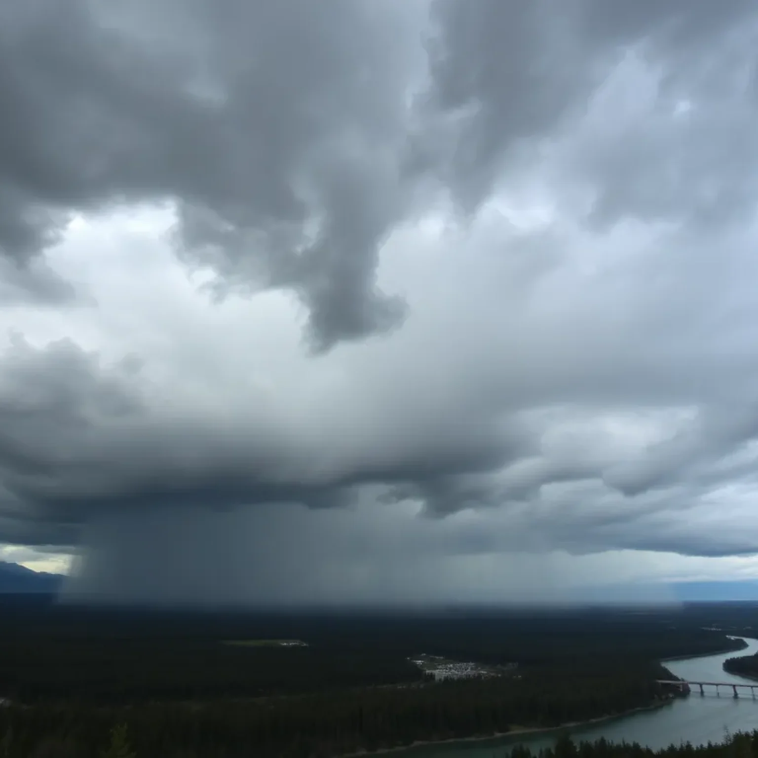 Dark clouds over a forested area in Washington state