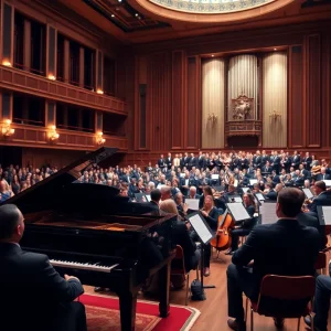 Audience enjoying a Tchaikovsky concert with a grand piano on stage