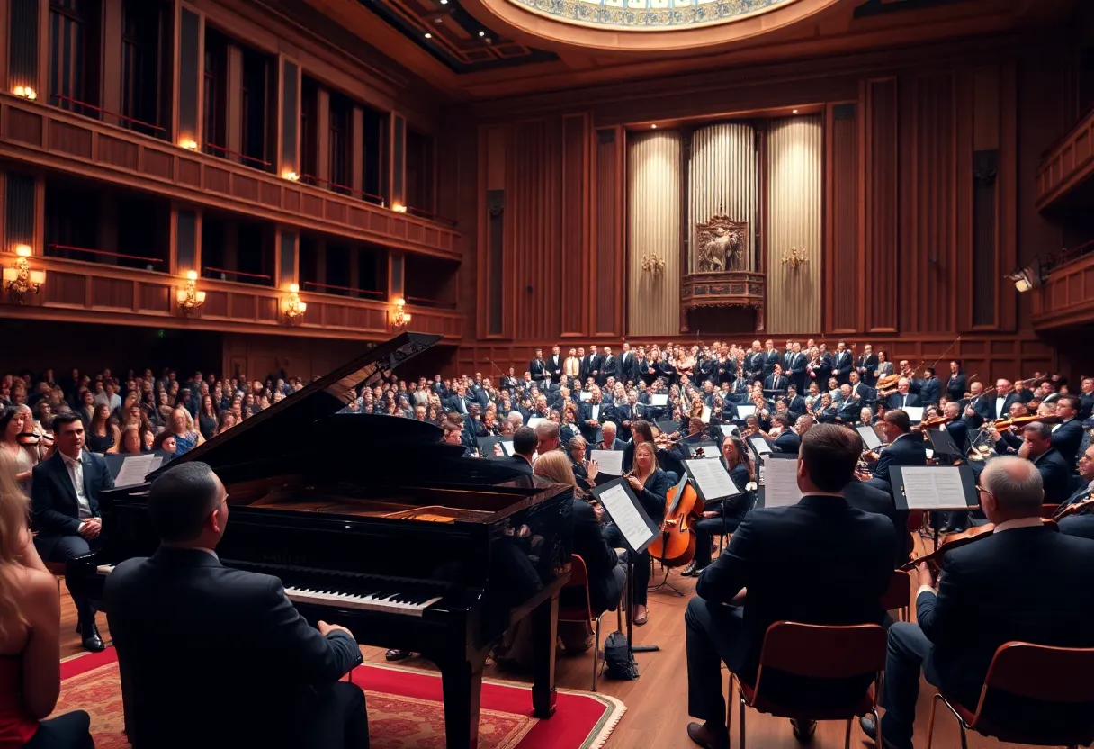 Audience enjoying a Tchaikovsky concert with a grand piano on stage