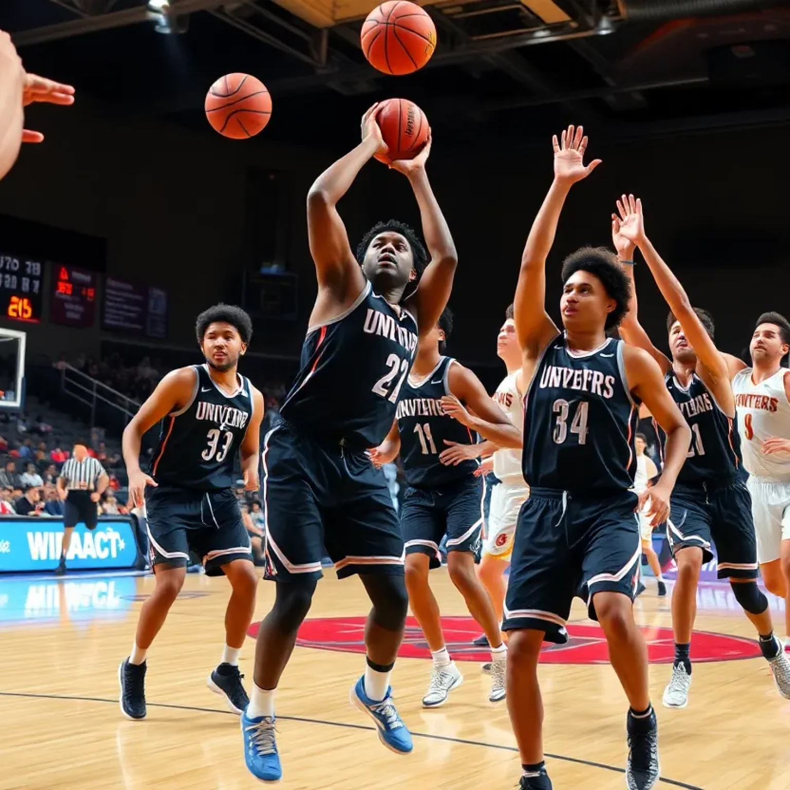 UNC Pembroke Braves players in action during a basketball game against Francis Marion Patriots