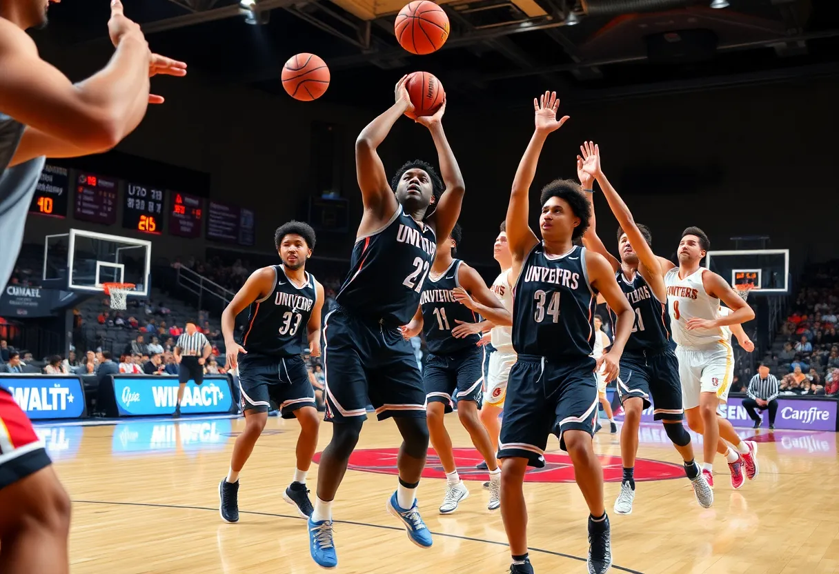 UNC Pembroke Braves players in action during a basketball game against Francis Marion Patriots