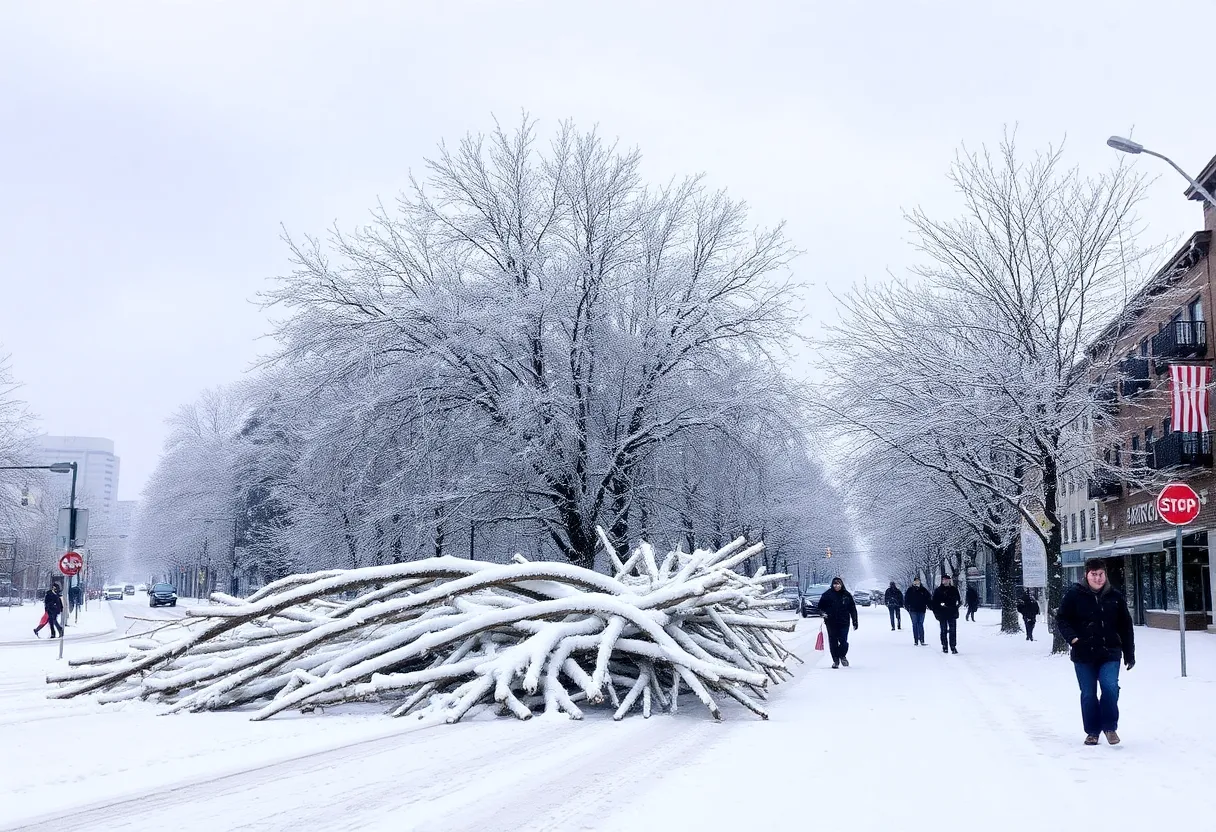 Snow-covered street in Portland during winter storm