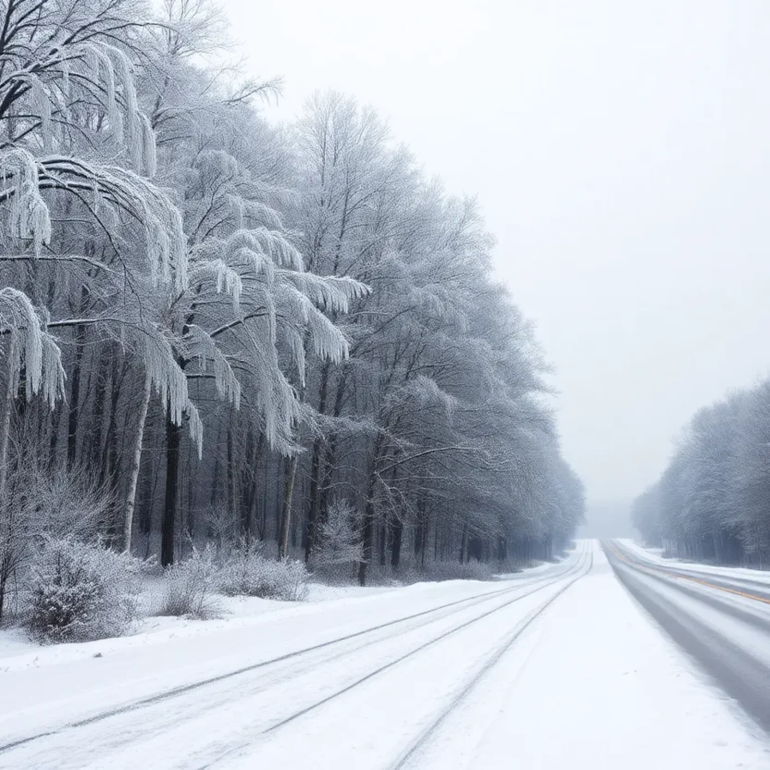 Icy road and snowy landscape in the Carolinas during winter weather advisory