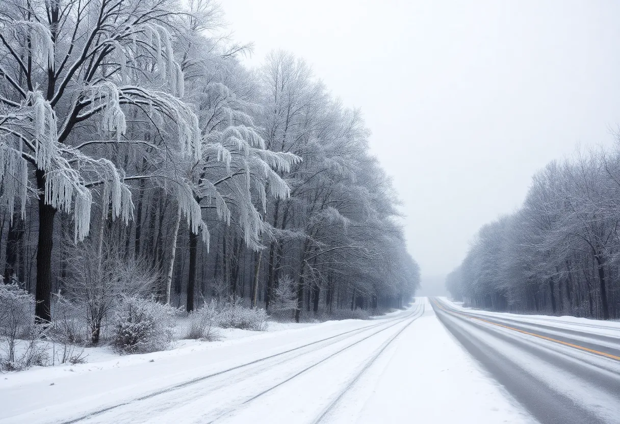 Icy road and snowy landscape in the Carolinas during winter weather advisory