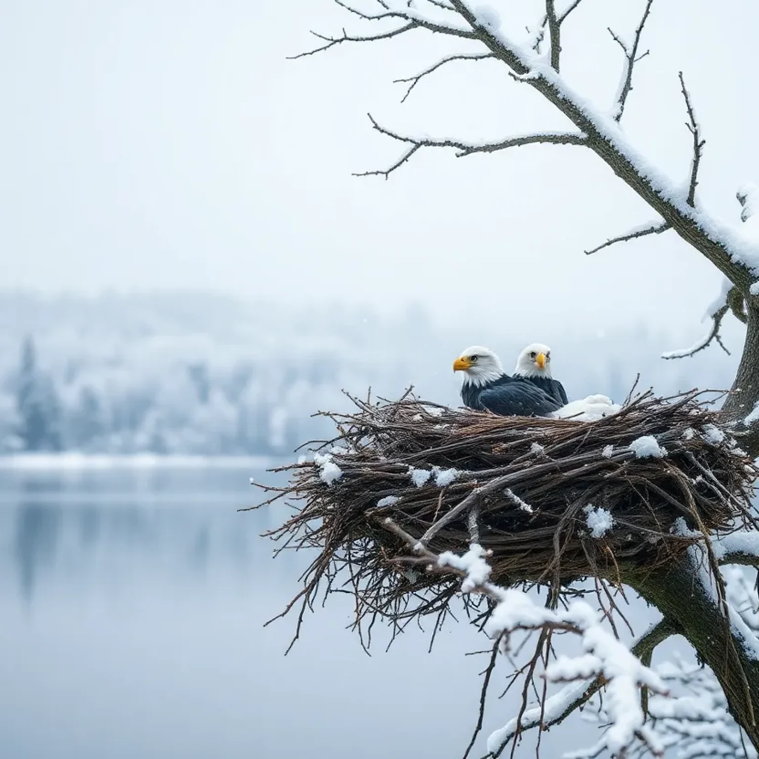 Two eaglets in a snowy eagle nest overlooking a serene lake.