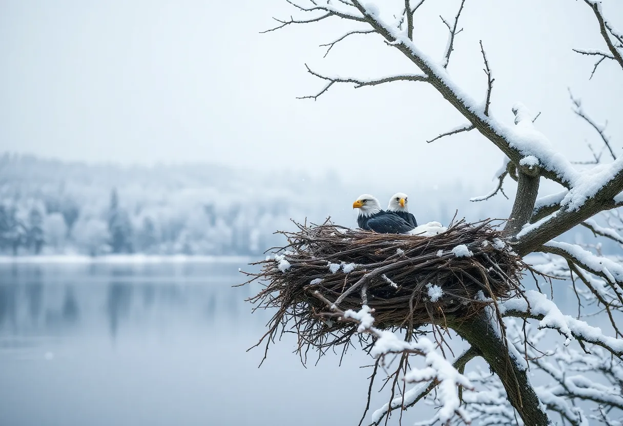 Two eaglets in a snowy eagle nest overlooking a serene lake.