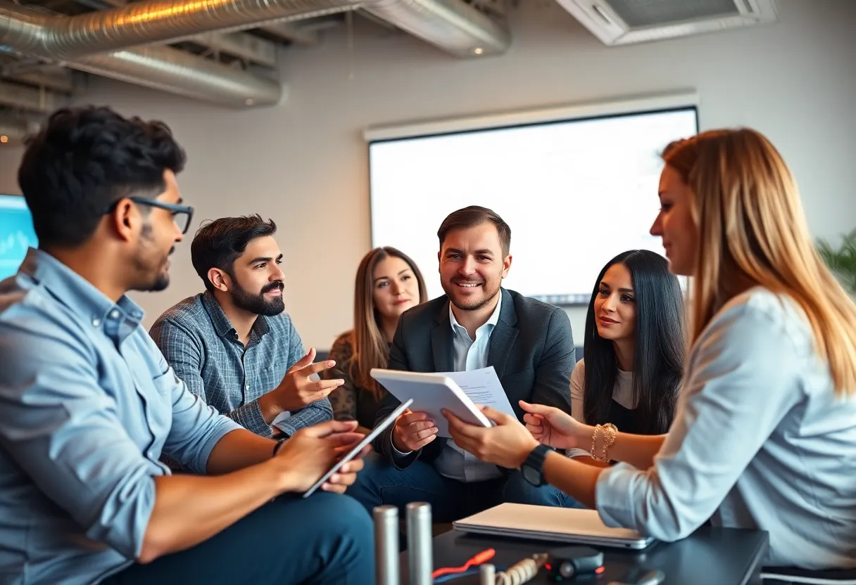 Marketers discussing digital strategies over a laptop.