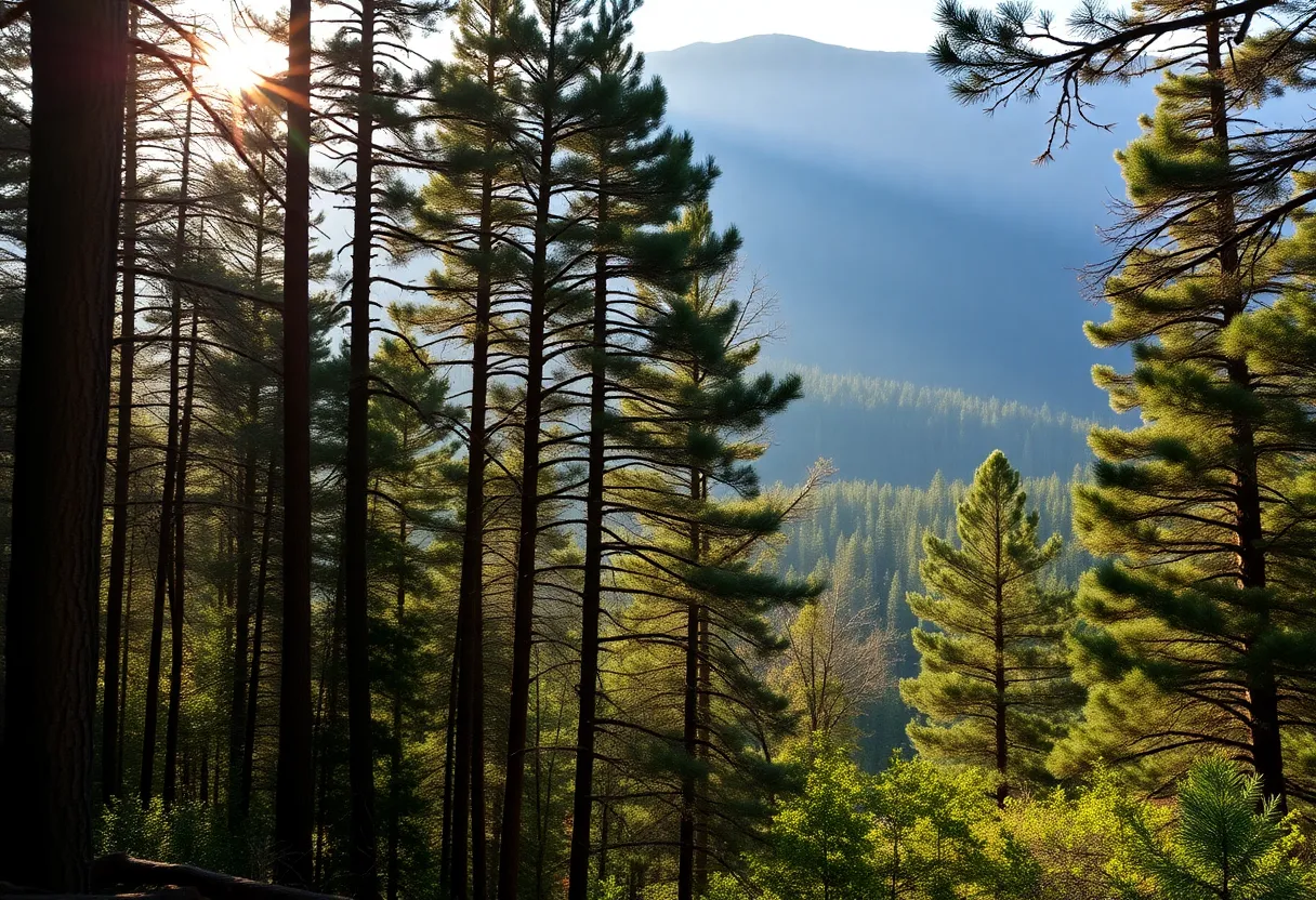 A peaceful view of the Black Hills National Forest with sunlight through the trees.