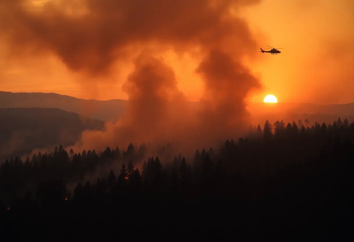 Wildfire engulfing Carolina Forest with smoke and firefighters in action