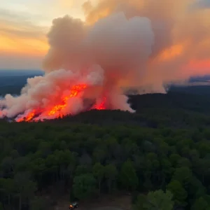 Aerial view of Carolina Forest wildfires with firefighters on the ground