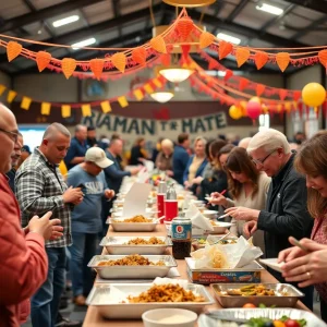 People enjoying a chicken bog meal at a community benefit event