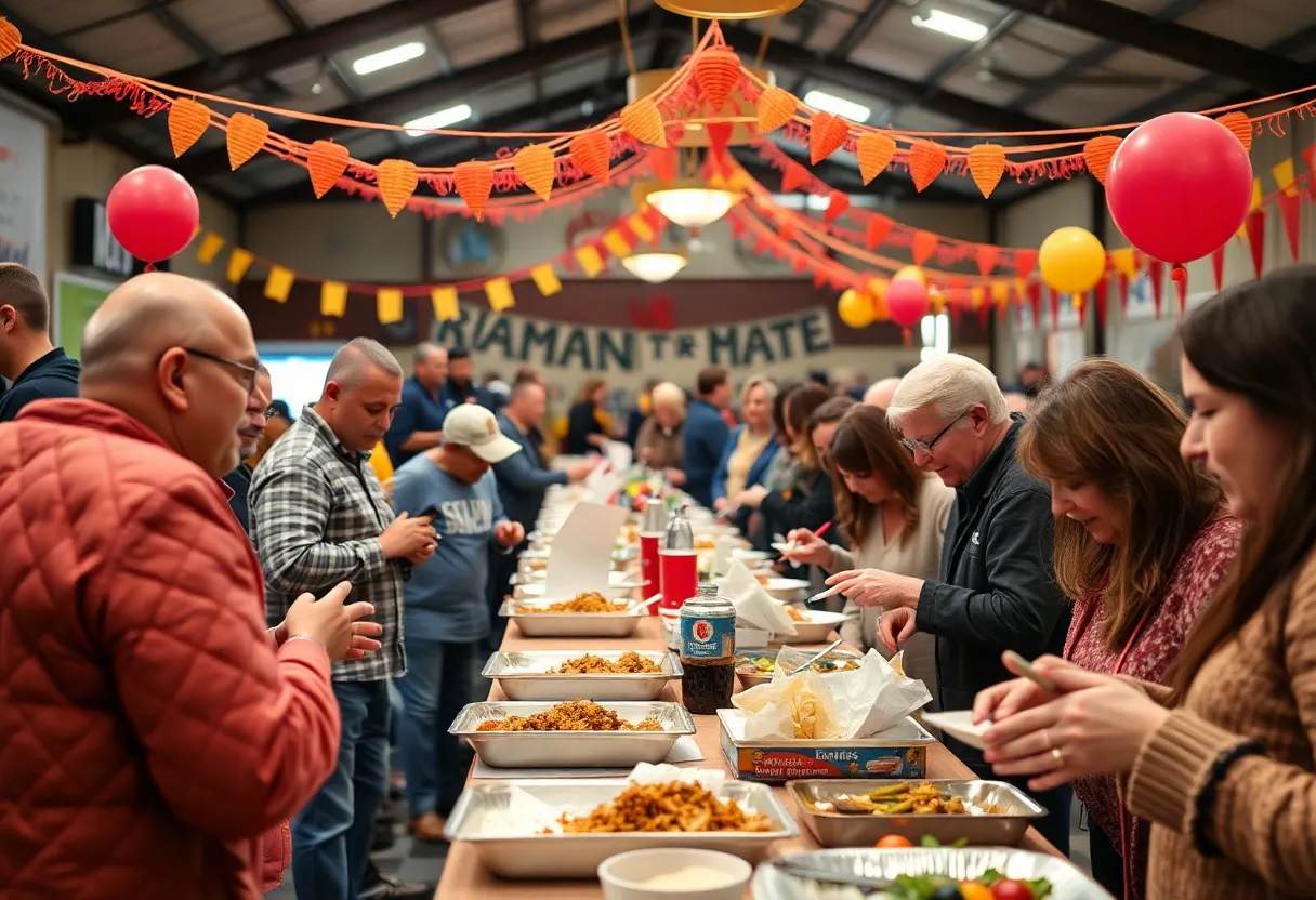 People enjoying a chicken bog meal at a community benefit event