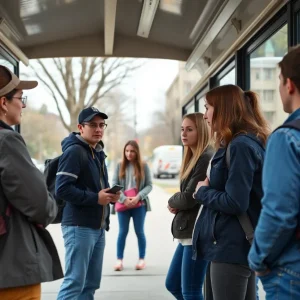 Parents and teens at a bus stop discussing safety concerns