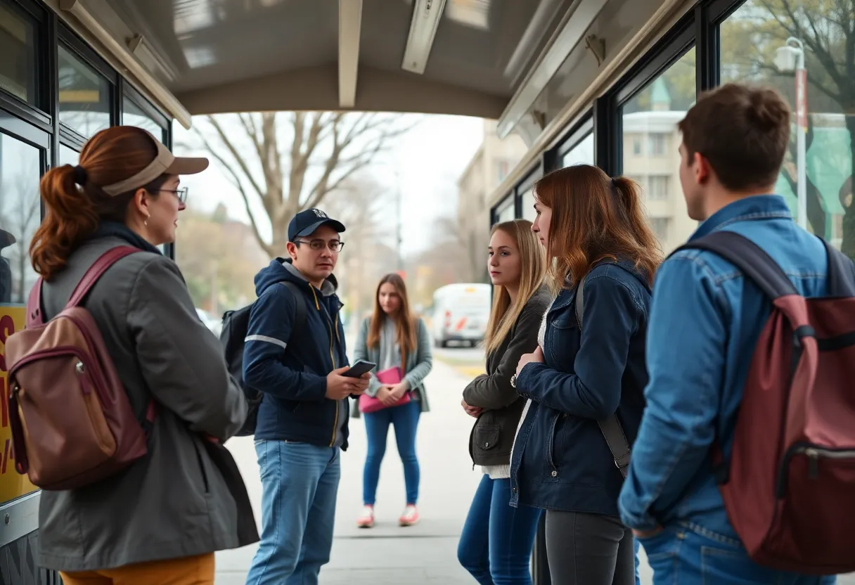 Parents and teens at a bus stop discussing safety concerns