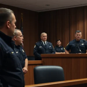 Courtroom scene with judge and law enforcement