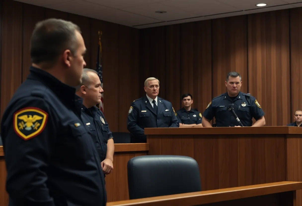 Courtroom scene with judge and law enforcement