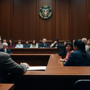 Courtroom scene during hate crime trial