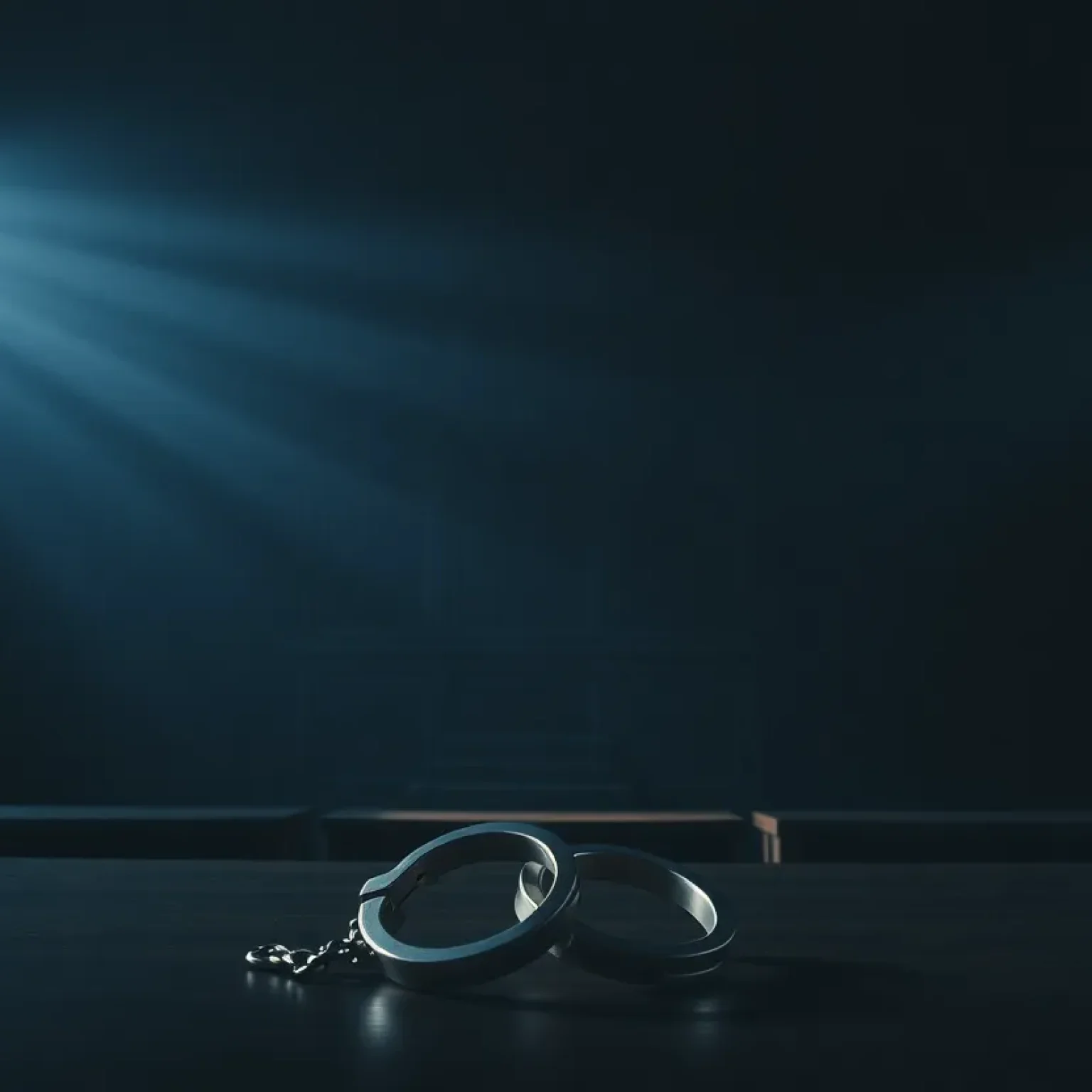 Courtroom scene with shadows and handcuffs symbolizing justice.