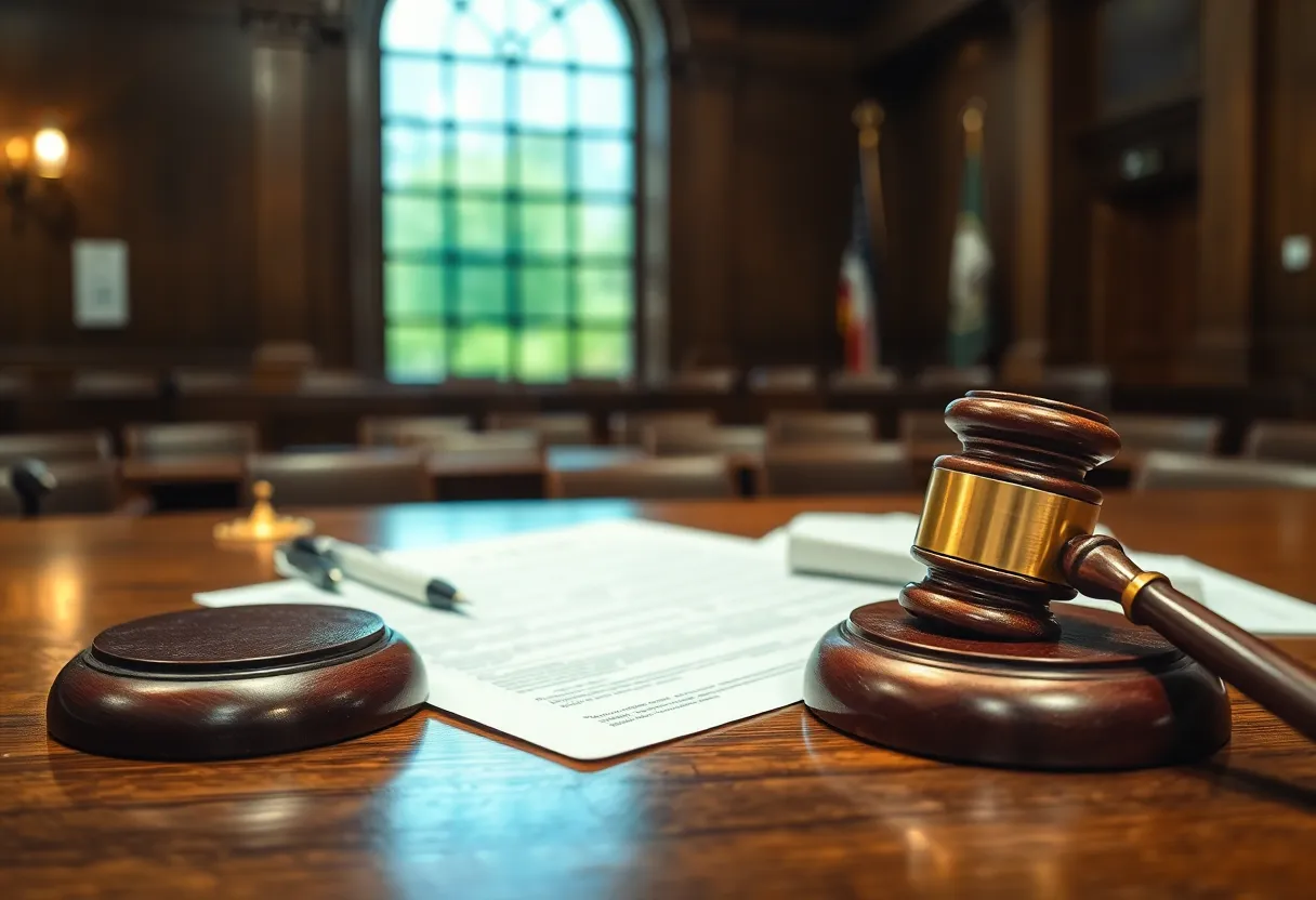 A view of a courtroom showing legal proceedings and documents