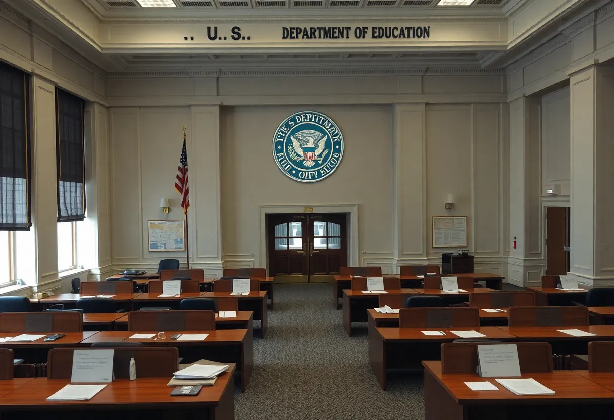 An illustration of the U.S. Department of Education building with empty offices.