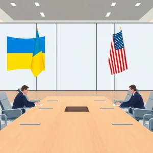 Diplomatic conference room with flags representing Ukraine and the United States.