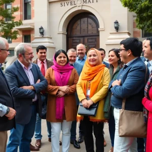 People of different ethnic backgrounds communicating outside a government building