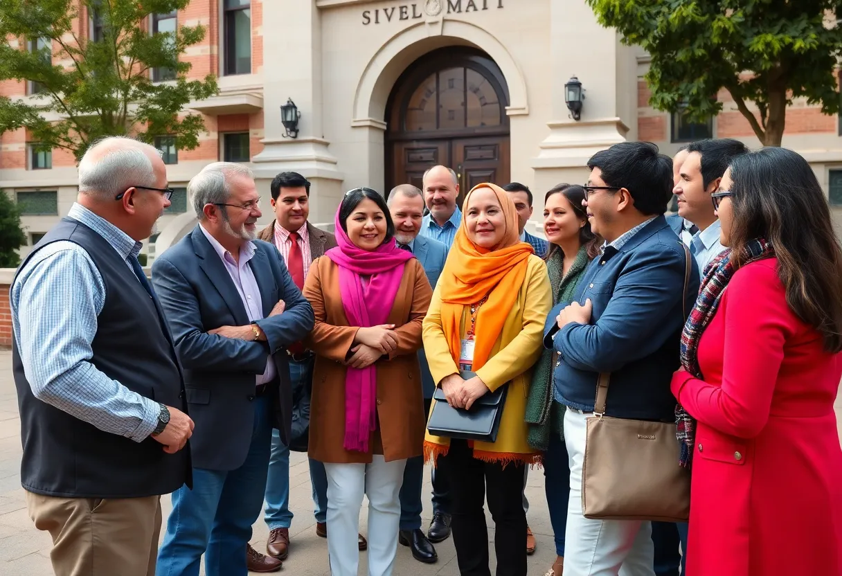 People of different ethnic backgrounds communicating outside a government building