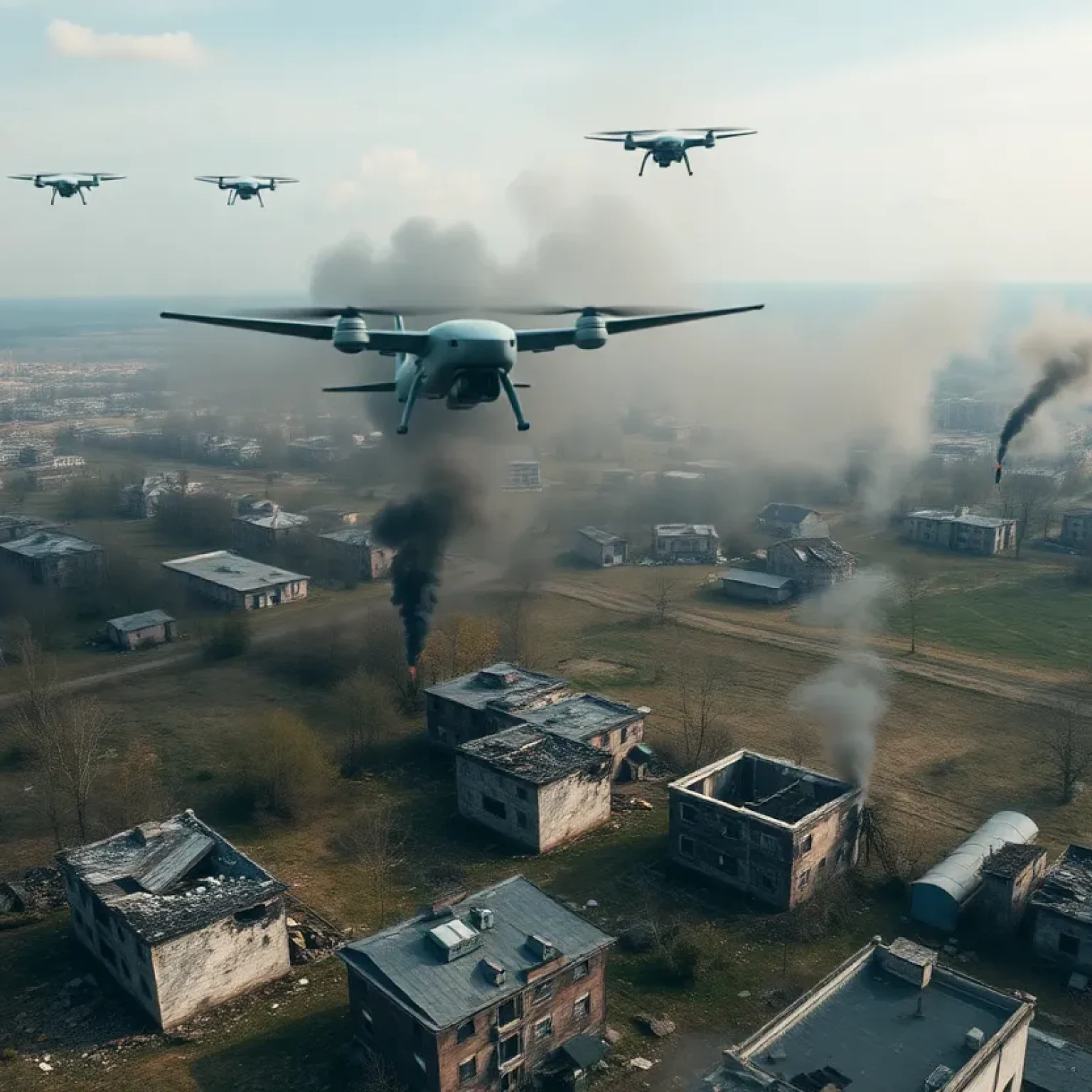 Drones flying over a conflict area in Ukraine