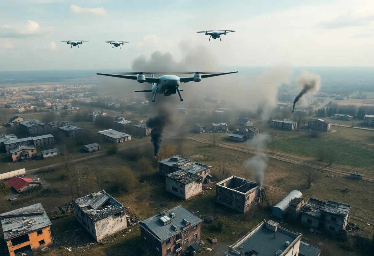 Drones flying over a conflict area in Ukraine