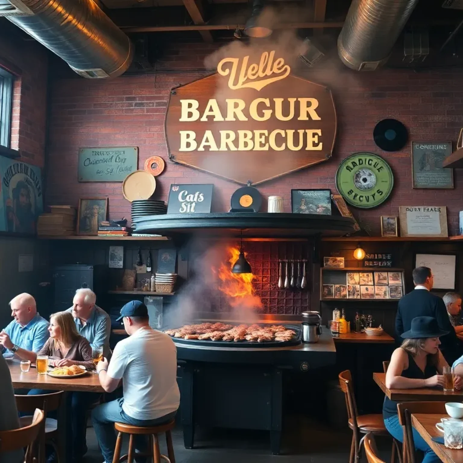 Interior view of Elliott's BBQ Lounge featuring a barbecue pit and record shop