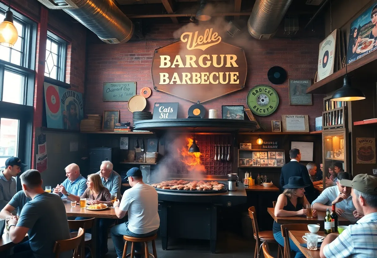 Interior view of Elliott's BBQ Lounge featuring a barbecue pit and record shop