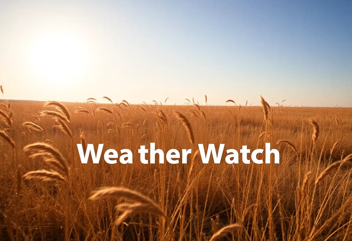 Dry grasslands with strong winds under a sunny sky, Fire Weather Watch background.