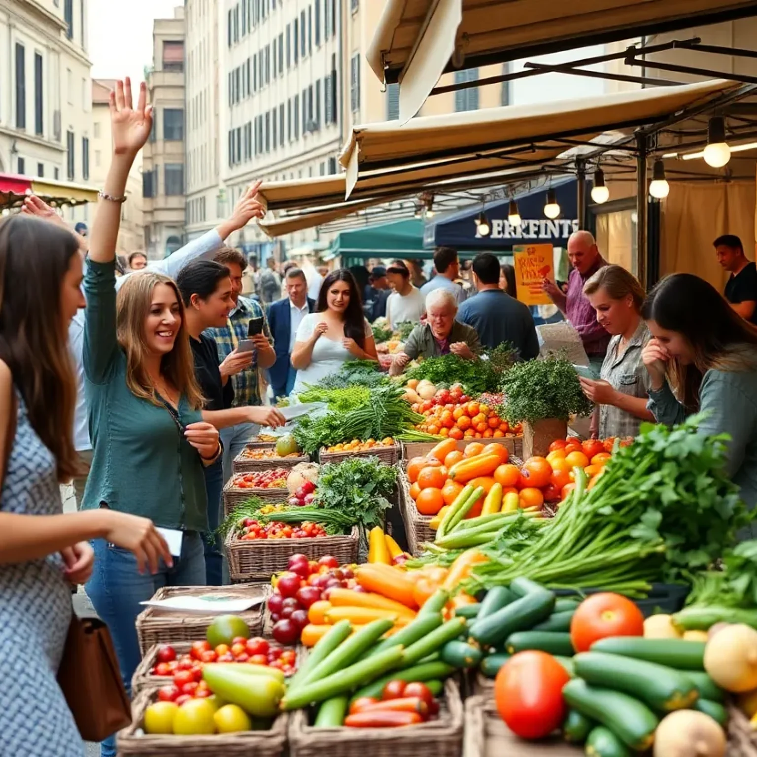 People celebrating at the Florence City Center Market with fresh produce and vendors.