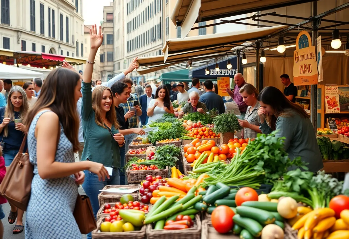 People celebrating at the Florence City Center Market with fresh produce and vendors.