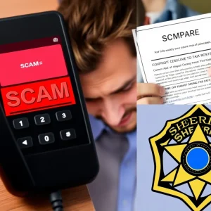 A collage warning against scams in Florence County