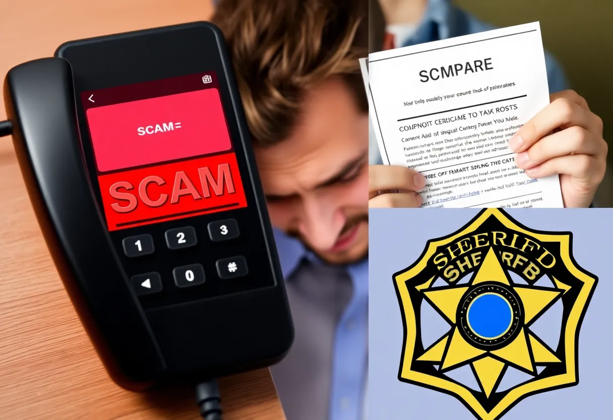 A collage warning against scams in Florence County