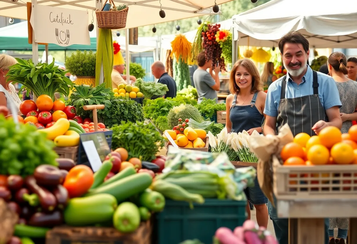 A lively scene at the Florence Farmers Market showcasing local produce and community engagement.