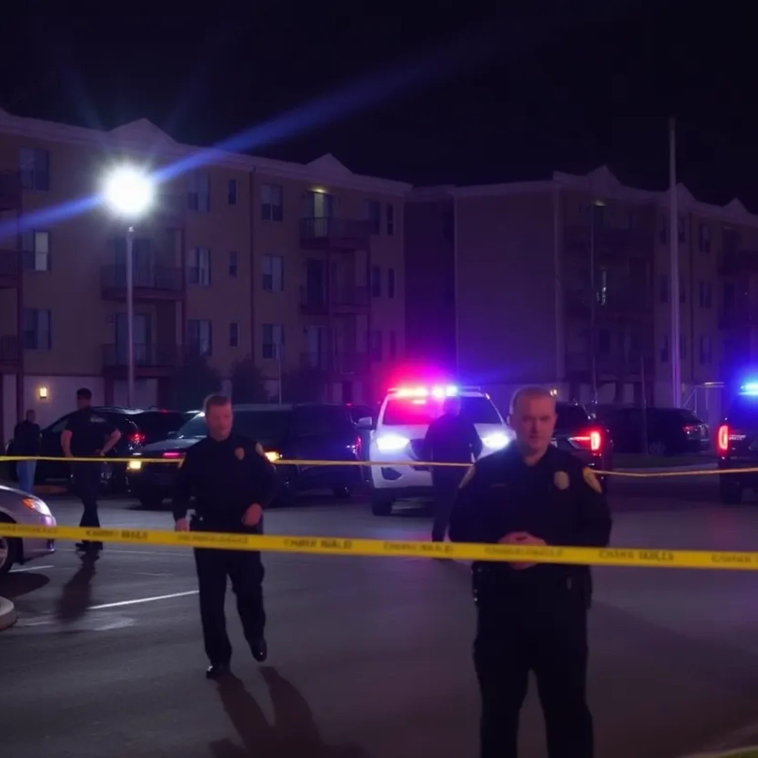 Police lights illuminating a bustling apartment complex at night