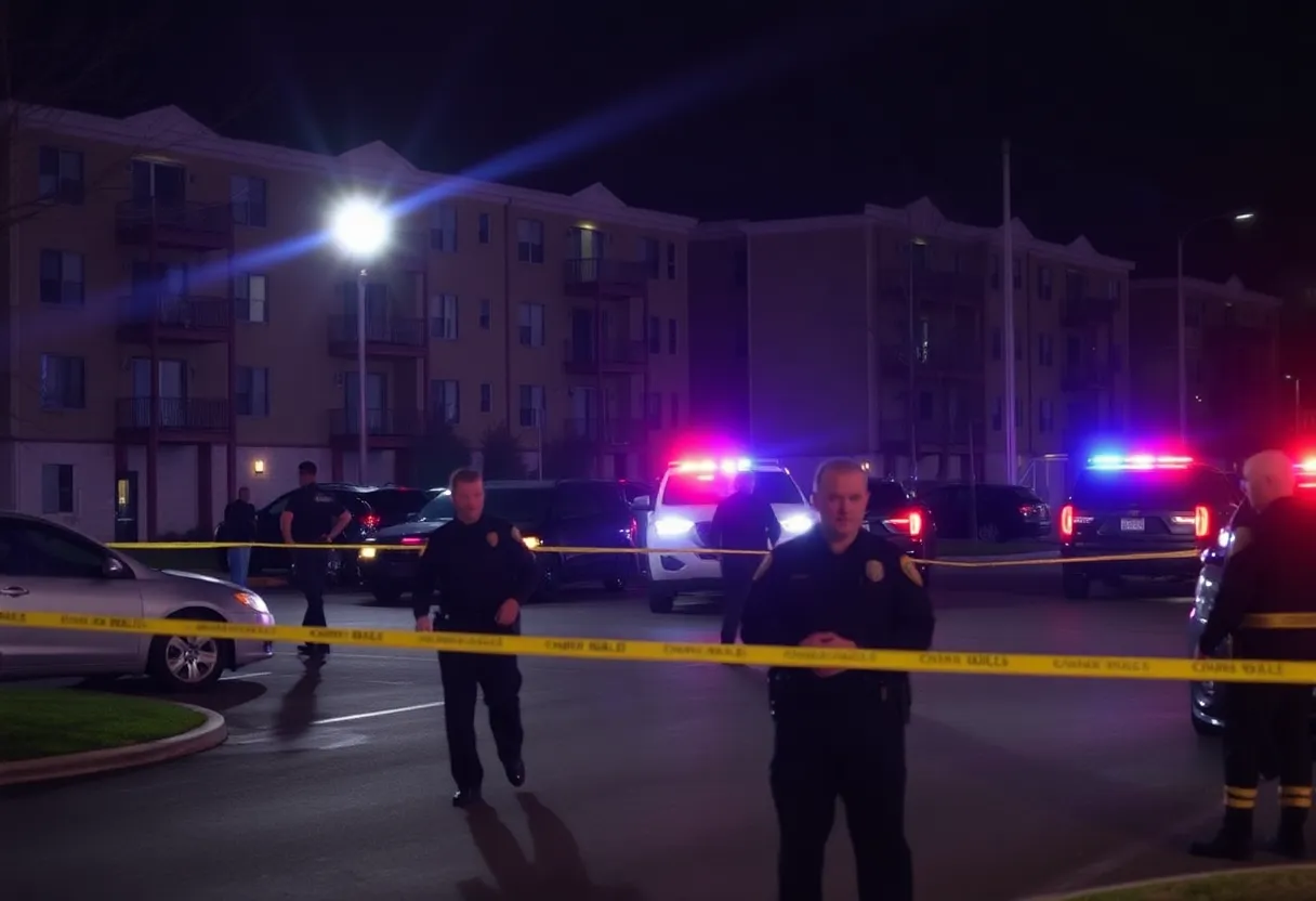 Police lights illuminating a bustling apartment complex at night