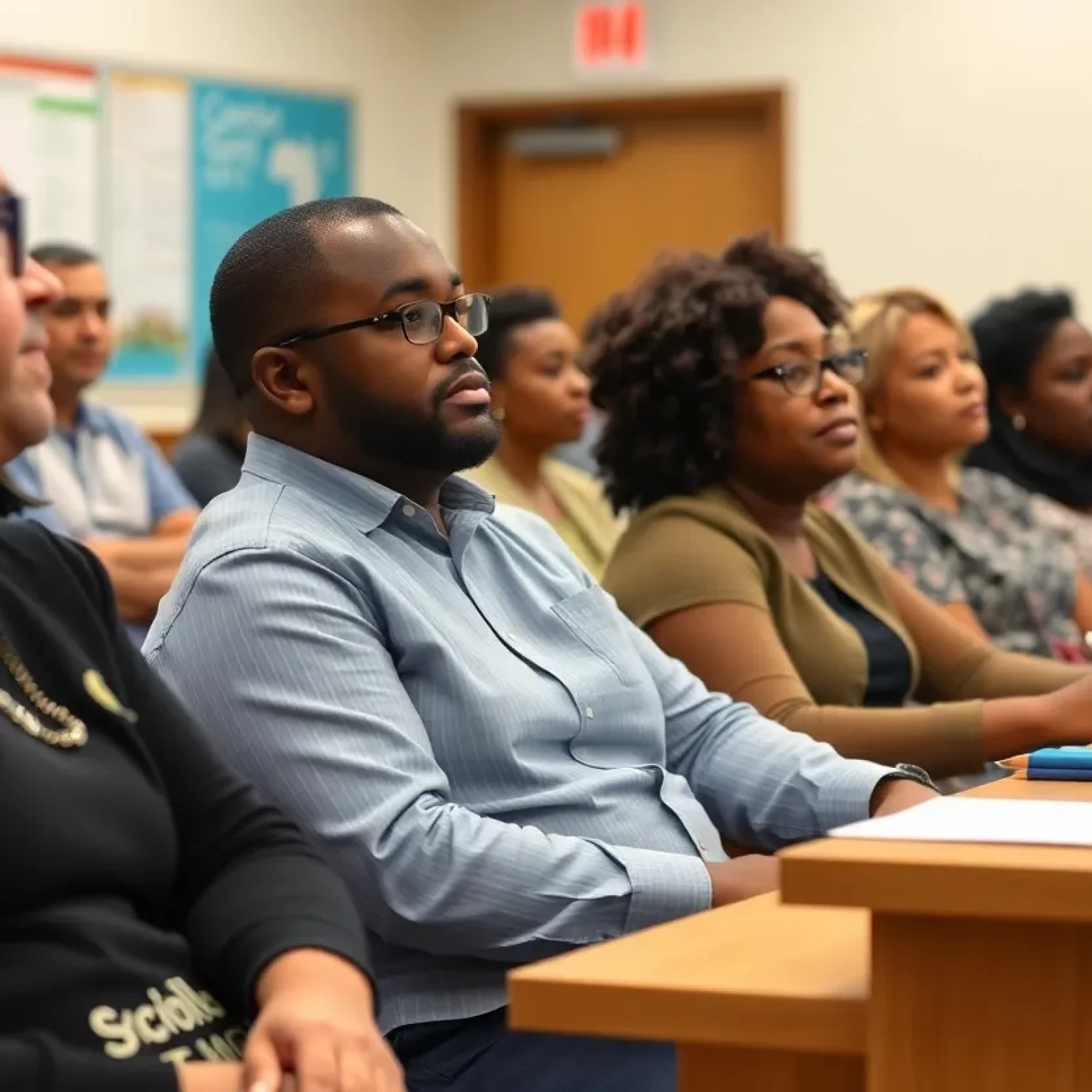 Community members at a school board meeting discussing election issues