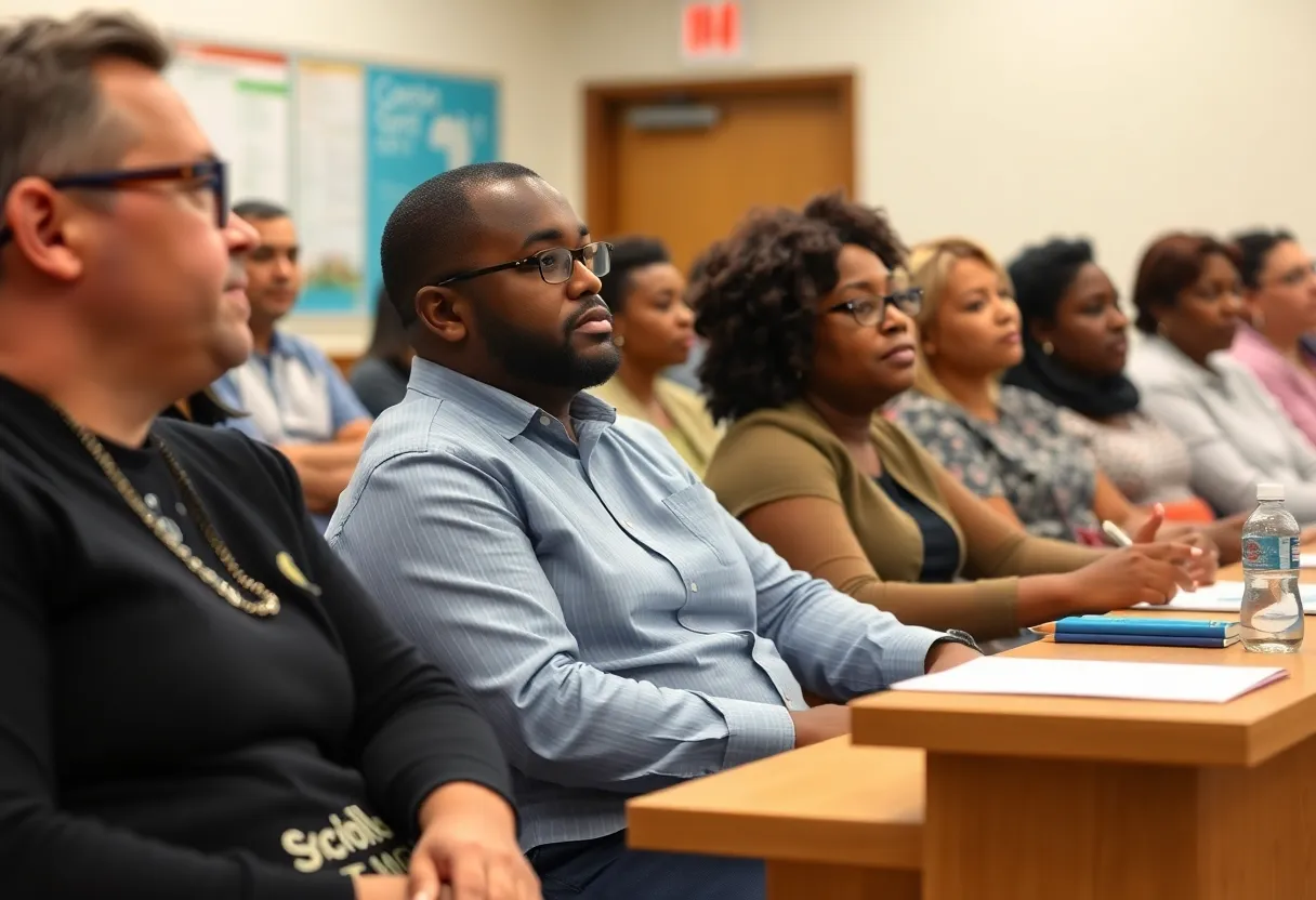 Community members at a school board meeting discussing election issues