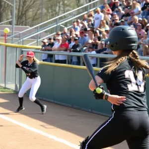 Softball players from Francis Marion University in action during a game.