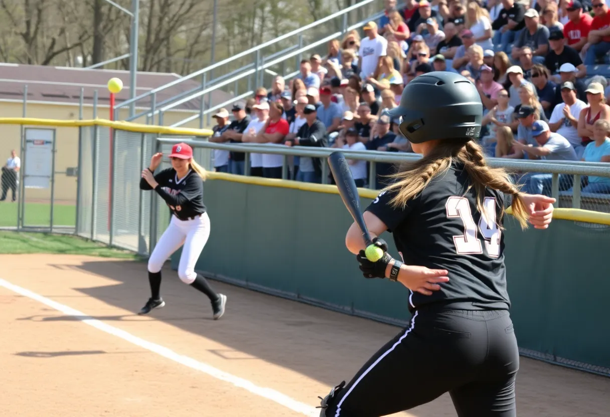 Softball players from Francis Marion University in action during a game.