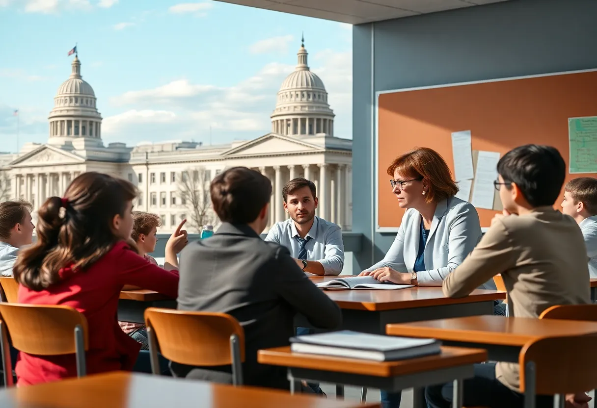 Conceptual image representing the future of education with students and teachers